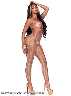 Romantischer Bodystocking, Netz, offener Schritt, ausgeschnitten, Regenbogenfarbe